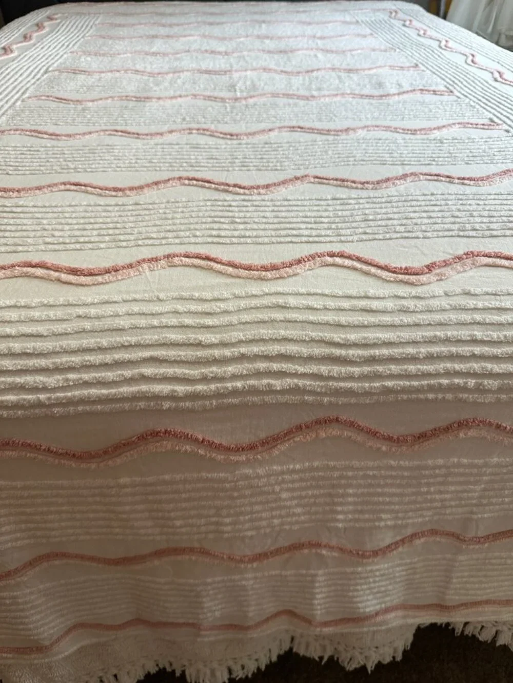Vintage Chenille Bedspread White Pink Cover 100” x 71